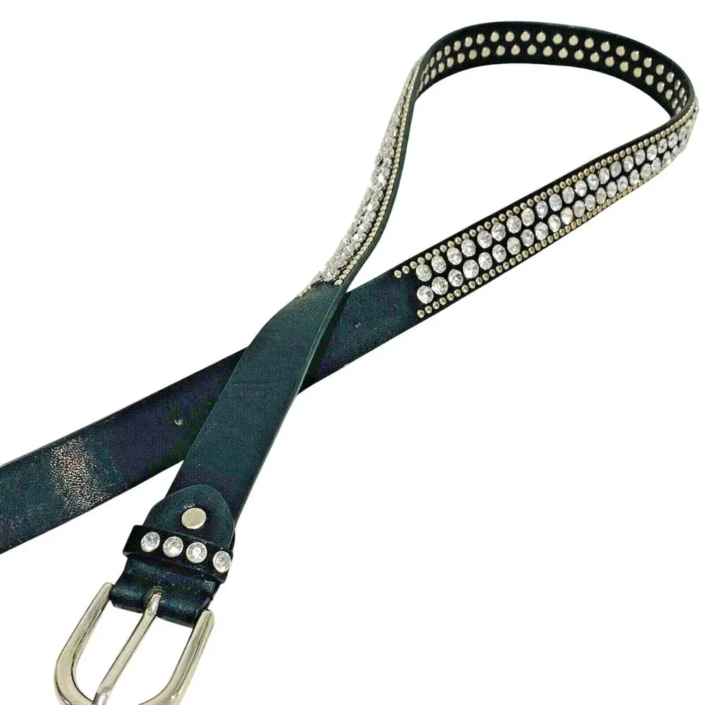 Bongo XL black faux leather belt clear rhinestone & silver studs metal rocker